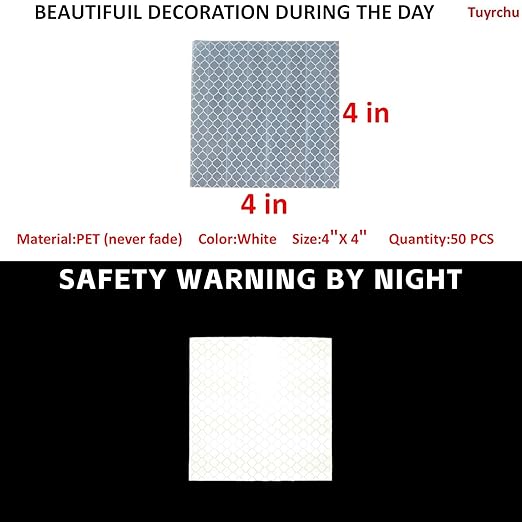 Non Fading White Reflective Stickers 4 inch X 4 inch, Outdoor Waterproof High Visibility Warning Safety Adhesive Reflector Tape (50 Pcs)