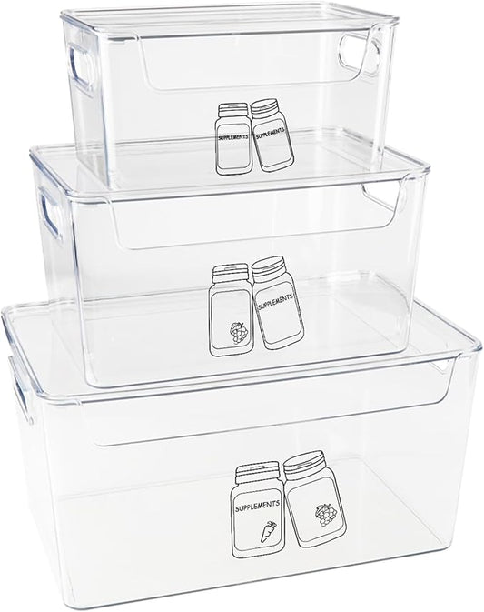3 Pieces Supplement Bottle Organizer, Clear Plastic Vitamin Organizer with Lid and Handle, Stackable Pill Bottle Organizer, First Aid Box Empty for Vitamin, Medicine, Fish Oil & Supplements