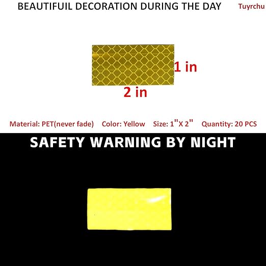 Non Fading Yellow Reflective Stickers 1 inch X 2 inch, Outdoor Waterproof High Visibility Warning Safety Adhesive Reflector Tape (20 Pcs)