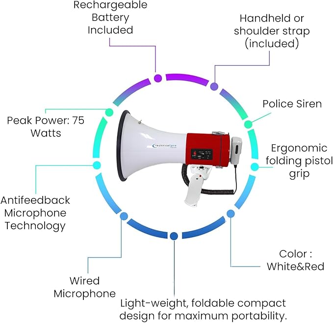 Technical Pro Portable 75-Watt Megaphone Bullhorn Speaker w/Detachable Microphone w/Rechargeable Battery, a Built-in AC Wall Charger, Good for Trainers, Soccer, Coaches, Cheer Leaders