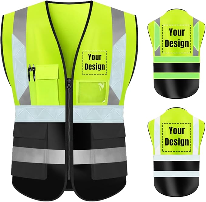YOWESHOP High Visibility Safety Vest Custom Your Logo Protective Workwear 5 Pockets With Reflective Strips Outdoor Work Vest (4XL, Yellow Black Luminous)