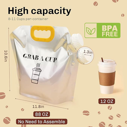 10 Pack Disposable Coffee Dispensers with Handle Coffee Box Cold Hot Beverage Dispenser COFFEE Carrier with Handle Take Out Camping Water Storage Containers Water Bag for Hiking (88oz) (Yellow)