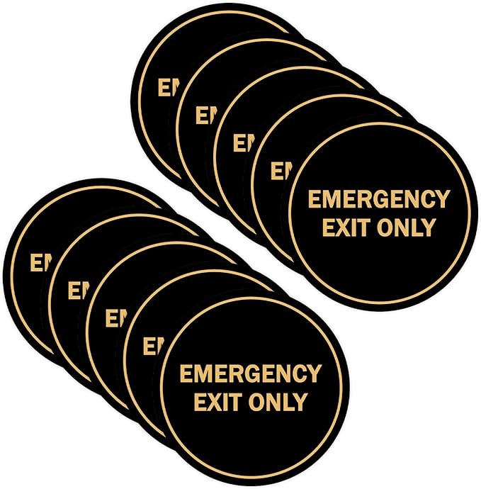 Signs ByLITA Circle Emergency Exit Only Sign (Black Gold) - Large 10 Pack