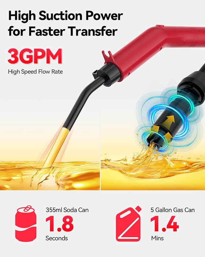 Fuel Transfer Pump 3GPM, USB Rechargeable Electric Siphon Pump for Gasoline Diesel Water, Portable Leakproof Gas Can Pump with Upgraded Hose Material & Build, Ultra-Fast Oil Transfer Pump