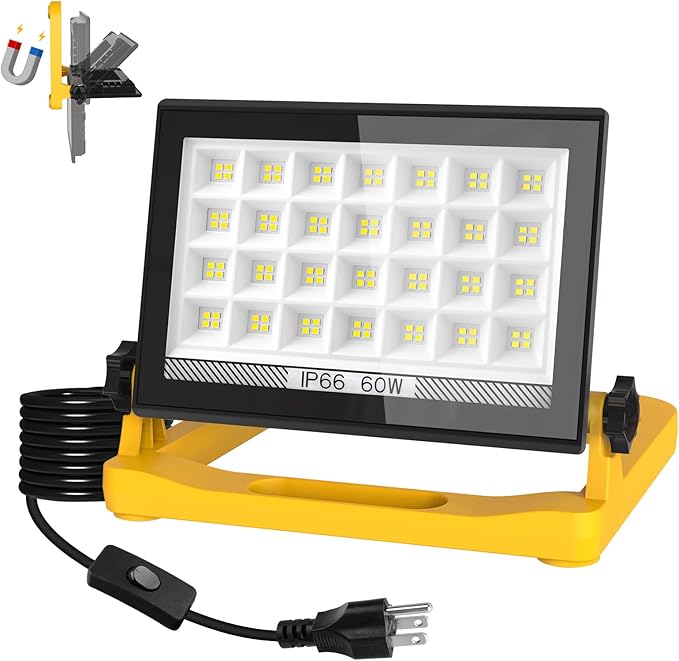 60W 6000LM LED Work Light with Stand, 13ft Cord & Magnetic Base, IP66 Waterproof Portable Flood Light, 3 Modes with Memory, Hook for Workshop, Construction, Outdoor