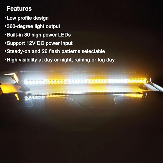 WOWTOU Roof Top Safety Flashing 80 LED Amber White Emergency Strobe Light Bar for Trucks Snow Plows Construction Vehicles, Strong Magnetic Double Side Caution Warning Beacon Lights