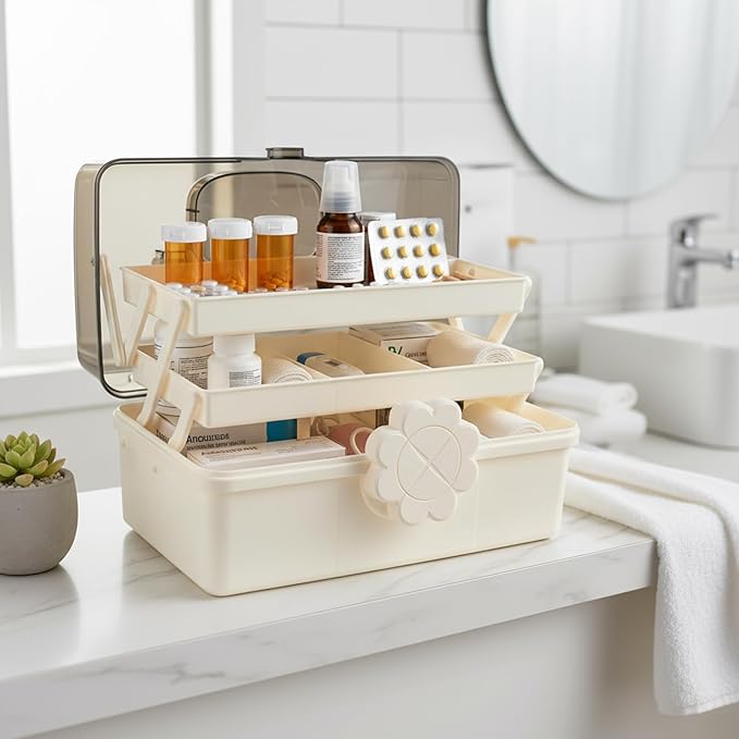3-Tier Medicine Box,Portable Medicine Storage Box with Handle,Medicine Cabinet for Bottle Organizer,Plastic Large Capacity First Aid Box for Family,Office and Travel, 11.4" L × 7.6" W × 6.2" H