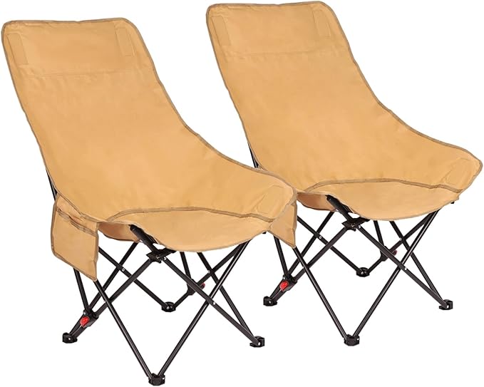 Outdoor Folding Camping Chairs 2 Pack，3-Stage Adjustable High Back Chair – Supports 660 lbs，Comfortable Thickened Sponge Cushion 600D Oxford Fabric Portable with Storage Bag & Side Pocket (Beige)