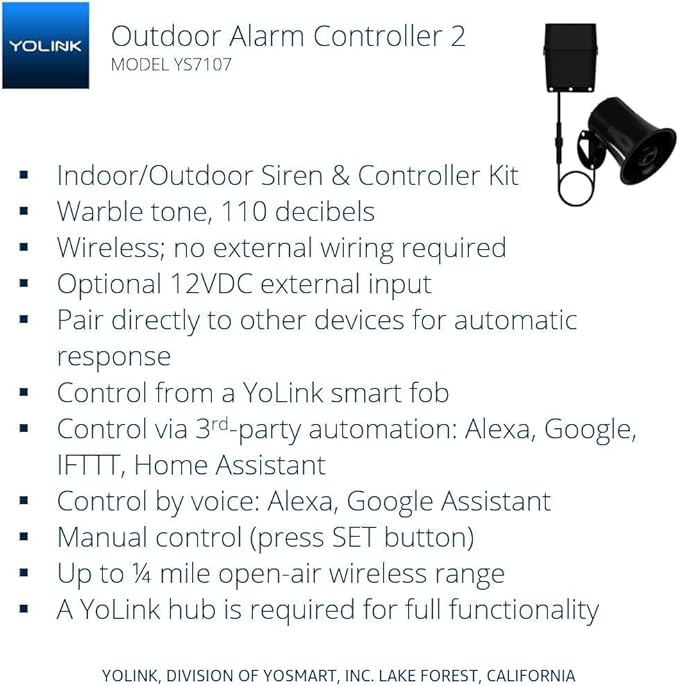 Outdoor Alarm Controller 2, Battery-Powered Siren/Alarm/Relay Controller, 12VDC Out, Up to 1/4 Mile Open-Air Range, 110dB Siren Included, YoLink Hub Included