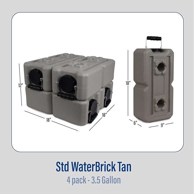 WaterBrick International Water Storage Containers for Emergency Water Storage | 4-Pack of Stackable 3.5 Gallon Water Container Bricks | Food-Grade HDPE Plastic | BPA-Free | STD Tan