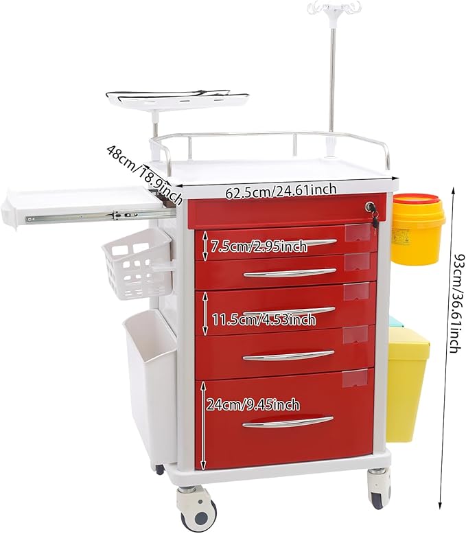 Rolling Crash Cart with Drawers & Adjustable IV Pole, Silent Casters, Needle Disposal Holder, Trash Bin, O2 Holder, Utility Trolley Cart for Clinic, Hospital, Salon, Lab, Load 176 Lbs (Red)