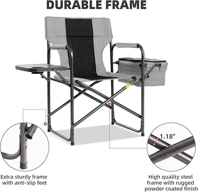 Director Camping Chair with Cooler Bag & Foldable Side Tray - 400lbs Heavy Duty Outdoor Folding Lawn Chair, Portable Camp Chair for Fishing/Backyard (Black & Gray)