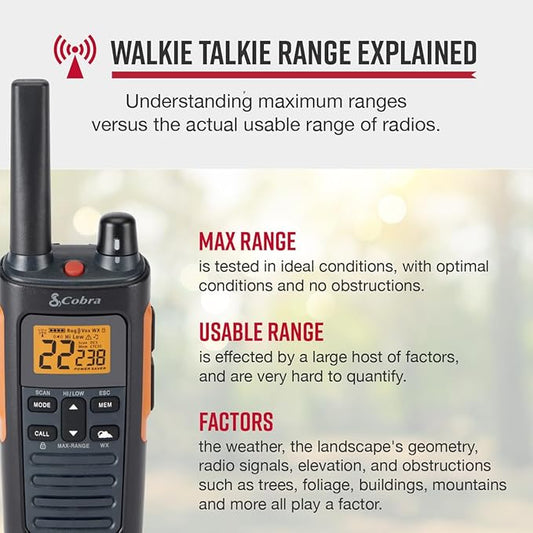 Cobra RX680 2-Pack Walkie Talkies & Compatible Cobra GA-SV01 2P Surveillance Headset Microphones: Rugged & Splashproof Two-Way Radios, Rechargeable, 60 Preset Channels, 38-Mile Range, Black/Orange