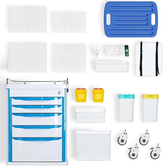 5-Tier Medical Cart, Hospital Emergency Rolling Crash Carts with Adjustable IV Pole, Silent Casters, Trash Bin & O2 Holder, Needle Disposal Holder - Ideal Nursing Trolley for Clinics, Hospitals