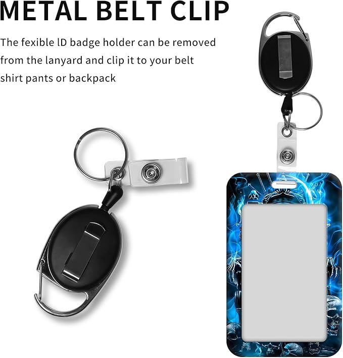 ID Badge Holder with Retractable Lanyard for Women & Men,Vertical ID Card Holder Wallet,Clear Window&Card Slot,Detachable Neck Strap for Nurse Teacher Office,Blue Fire Skull Spirit Rider