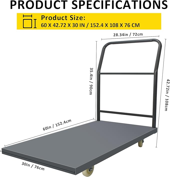 Heavy Duty Platform Truck Moving Flatbed Cart, 30"x60"Push Dolly, 2000 LBS Dolly Cart Flatform with Wheels and Handle, Steel Flatbed Cart for Luggage Moving, Shopping