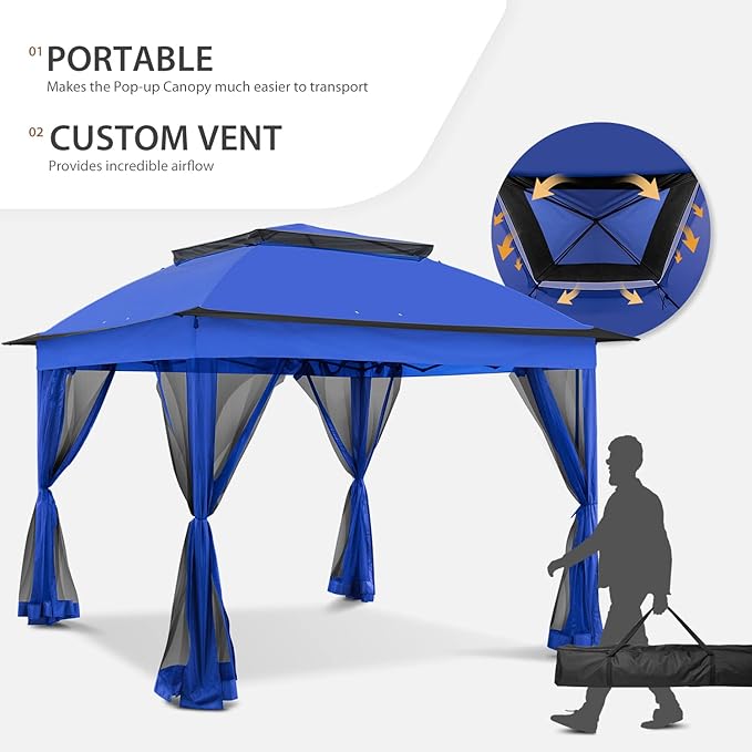 COOS BAY 11x11 Pop-Up Instant Gazebo Tent with Mosquito Netting Outdoor Canopy Shelter with 121 Square Feet of Shade (Blue)