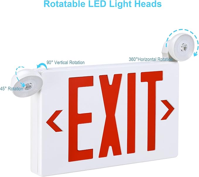 Gruenlich Exit Signs with Emergency Lights, 2 Adjustable LED Head with Battery Backup, 94V-0 Fire Resistant, AC 120/277V, Hardwired Commercial Emergency Light Combo for Business, 2 Pack