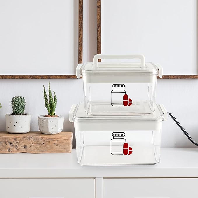 2 Pack First Aid Box, Clear Plastic Medicine Storage Box with Lock Lid & Handle, Medicine Kit Case Container Empty, Medical Box for Supplements Medicine Storage Emergency Supplies Organizer