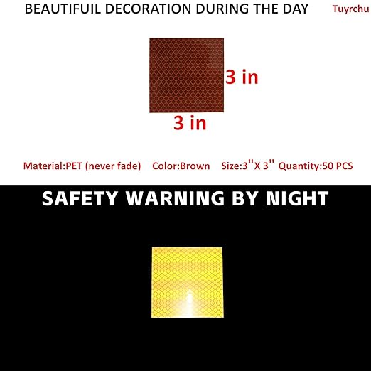 Non Fading Brown Reflective Stickers 3 inch X 3 inch, Outdoor Waterproof High Visibility Warning Safety Adhesive Reflector Tape (50 Pcs)
