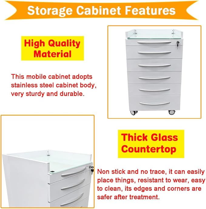 5 Drawer Dental Assistant's Mobile Cabinet Mobile Utility Storage Cart Office File Storage Cart Stainless Steel Moving Side Cabinet with Lock Wheels for Dental Medical Office Home