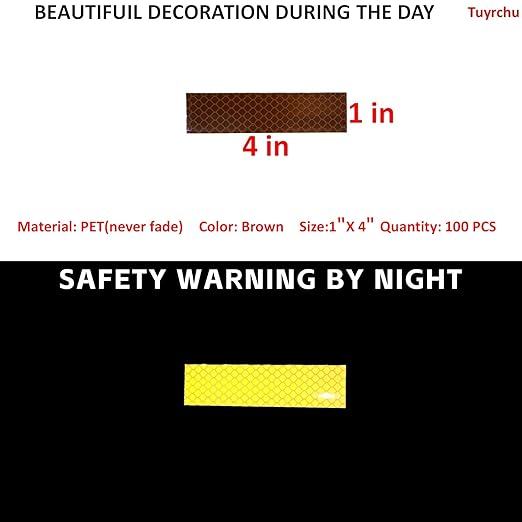 Non Fading Brown Reflective Stickers 1 inch X 4 inch, Outdoor Waterproof High Visibility Warning Safety Adhesive Reflector Tape (100 Pcs)