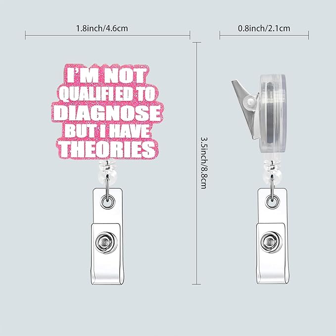 Nurse Badge Reel, Retractable ID Card Holder with Alligator Clip, Glitter Acrylic Badge Holder, Demure Funny Design (Theorie)