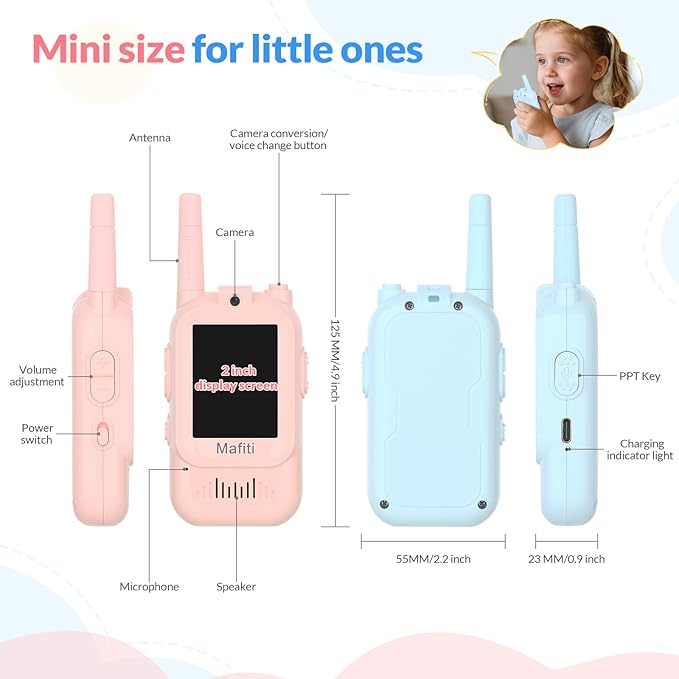 Mafiti Toys for 3 4 5 6 7 8 Year Old Boys Girls Mini Video Walkie Talkies for Kids 2 Pack Rechargeable 1000 Feet Range Birthday Indoor Outdoor (Blue+Pink)