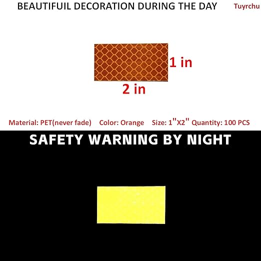 Non Fading Orange Reflective Stickers 1 inch X 2 inch, Outdoor Waterproof High Visibility Warning Safety Adhesive Reflector Tape (100 Pcs)