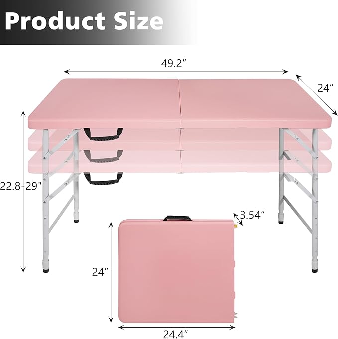 Portable 4Ft Adjustable Height Plastic Folding Table, Heavy Duty Fold-in-Half Table with Carrying Handle, Small Utility Foldable Table for Picnic Party Camping BBQ, Indoor/Outdoor (Pink)