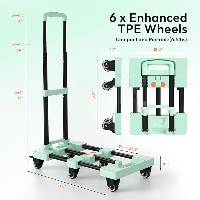 Folding Hand Truck 500lbs, Portable Heavy Duty Dolly Cart, 6 Wheels Collapsible Luggage Cart with 2 Elastic Ropes - Compact Trolley Cart for Easy Moving - Ideal Hand Cart for Travel and More