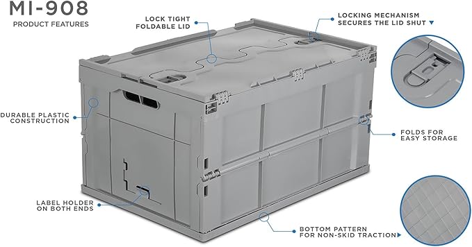 Mount-It! Folding Plastic Storage Crate, PACK OF 3, Collapsible Utility Distribution Container with Attached Lid, 65L Liter Capacity, Gray,