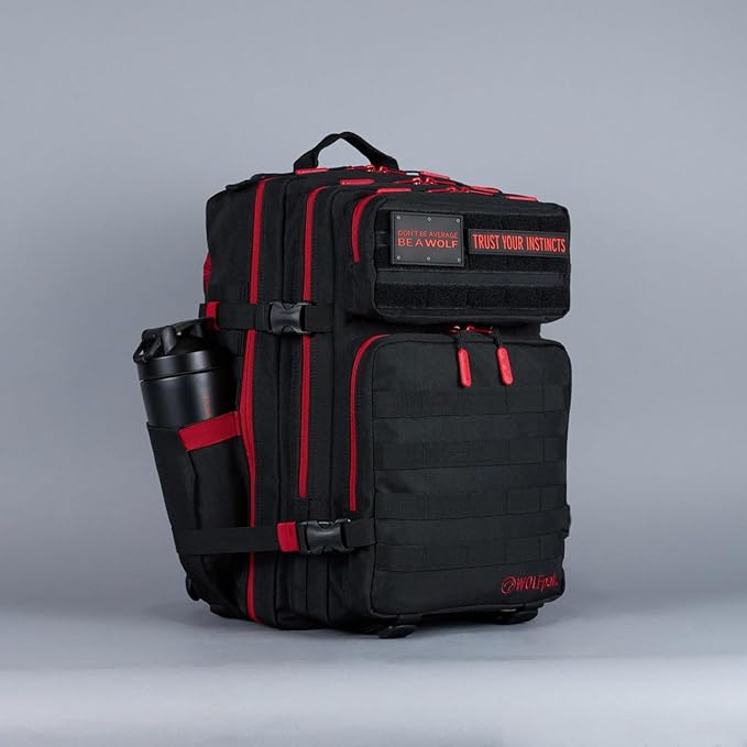 WOLFpak 45L Athletic Gym Backpack - Durable 1000D Waterproof Oxford Material with MOLLE Webbing, Laptop Pocket & Dual Cup Holders, Durable Fitness/Travel/Military Daypack (Red Wolf)