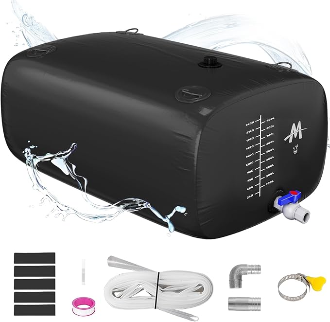 Moongiantgo 264G/1000L Foldable Water Storage Bladder-1000D PVC Portable Emergency Water Storage Container with Valve & Overflow Kit-Soft Water Storage Bag for Emergency Water, RV, Garden, Black
