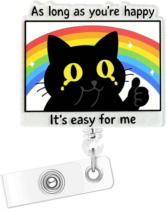 Cat Badge Reel, Retractable ID Card Holder with Alligator Clip, Glitter Acrylic Badge Holder, Cute Funny Design (Cat)