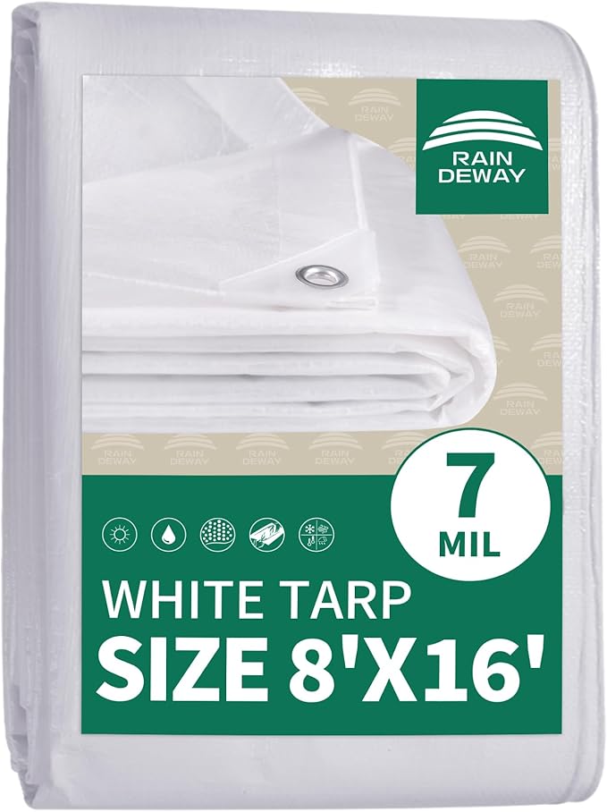 RAINDEWAY Tarps 8x16 Feet Tarp Waterproof,7Mil Thick,Finished Size,UV Resistant,Multipurpose Poly Tarp Cover with Metal Grommets and Reinforced Edges,White Tarps