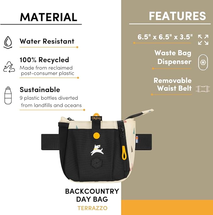OllyDog Backcountry Day Bag | Hands-Free Dog Training Treat Pouch | Fanny/Hip Pack with Zipper Closure & Built-in Poop Bag Dispenser | Removable Waist Clip (Terrazzo)