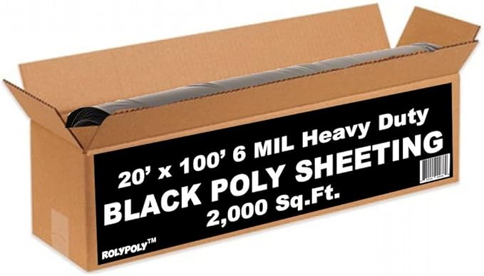 Roly Poly - Black Plastic Sheeting - 6 mil - (20' x 100') Polyethylene Heavy Duty Roll - Tarp, Vapor Barrier, Construction, Farming, Painter's Drop Cloth, Debris Shield