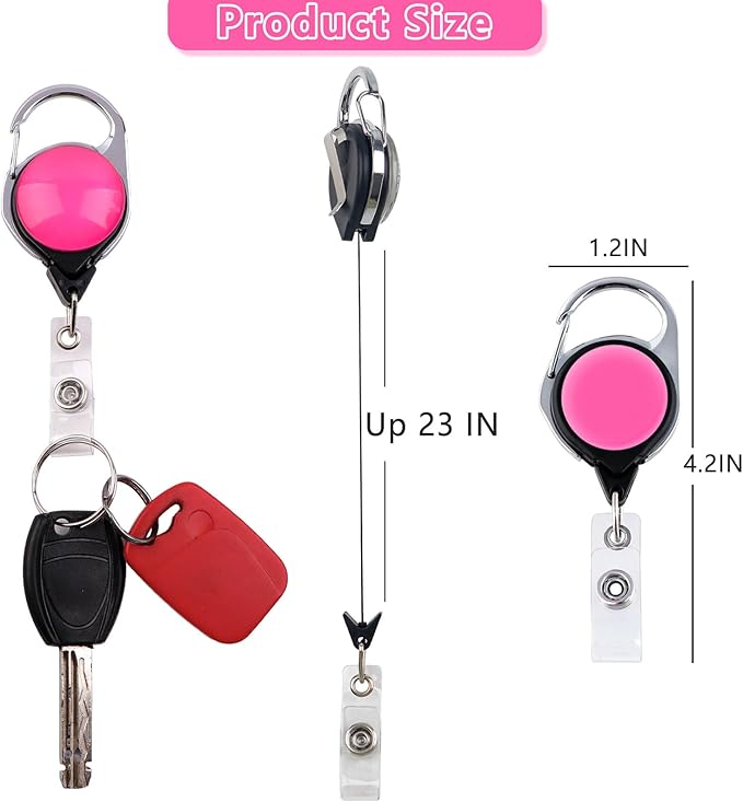 Pink Retractable Badge Holder with Carabiner Clip, Heavy Duty ID Card Holder for Work, School & Events, Simple Card Sleeve for Girls, Teacher, Women
