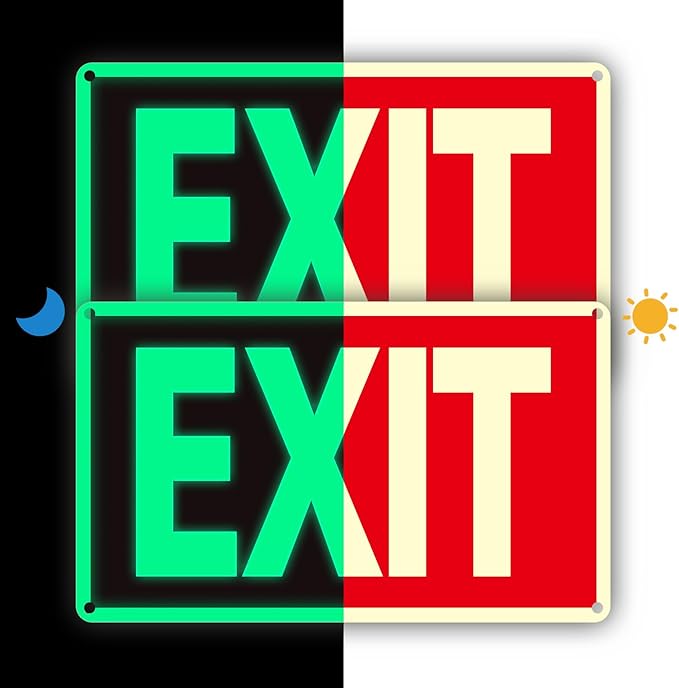 Exit Sign -2 Pack Glow in the Dark Exit Signs Aluminum 12x7 Inch – Photoluminiscent, Laminated for Ultimate UV, Weather & Fade Resistance , Indoor & Outdoor for Business, School, Office, Warehouse,fire exit sign