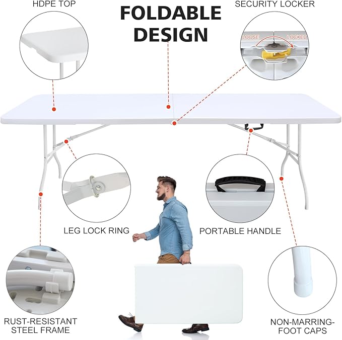 Portable 8Ft Plastic Folding Table, Heavy Duty 8ft Fold-in-Half Table with Carrying Handle, 8' Folding Utility Foldable Table for Picnic Party Camping Kitchen, Indoor/Outdoor (White)