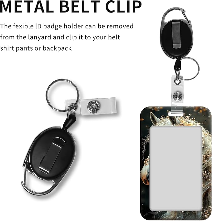 ID Badge Holder with Retractable Lanyard for Women & Men,Vertical ID Card Holder Wallet,Clear Window&Card Slot,Detachable Neck Strap for Nurse Teacher Office,Floral White Horse
