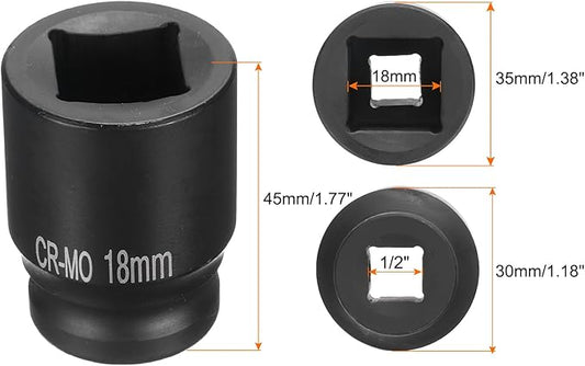 HARFINGTON 4 Point Square Socket 1/2" Drive 18mm Metric Square Impact Socket CR-MO Blackening Standard Wheel Sockets Pneumatic Socket Tool for Auto Repair Mechanical Maintenance Home Use