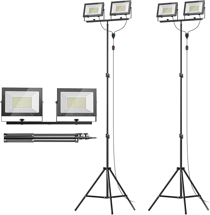 LIVOWALNY 22000 lm LED Work Light with Stand Pack of 2, 220W 2 Adjustable Head Tower Light with 13FT Cord, Portable IP65Waterproof Tripod Flood Light for Job Site Workshop Garage Construction Lighting
