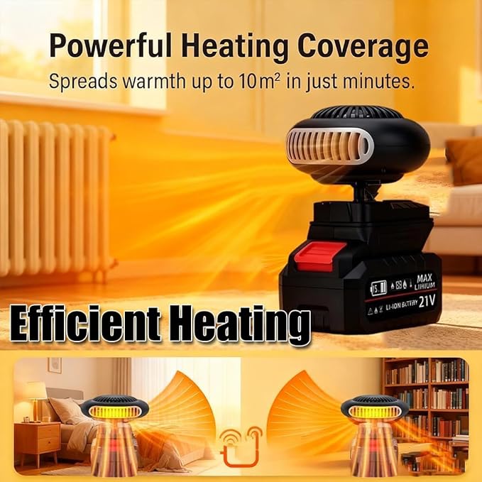 Portable Heater Battery Powered, Quiet Long Heating Small Space Heater with Anti-Tilt, Car Window Defogger with 2 Heat Settings & USB Ports, for Car/Camping/Indoor Use (no battery no charger)