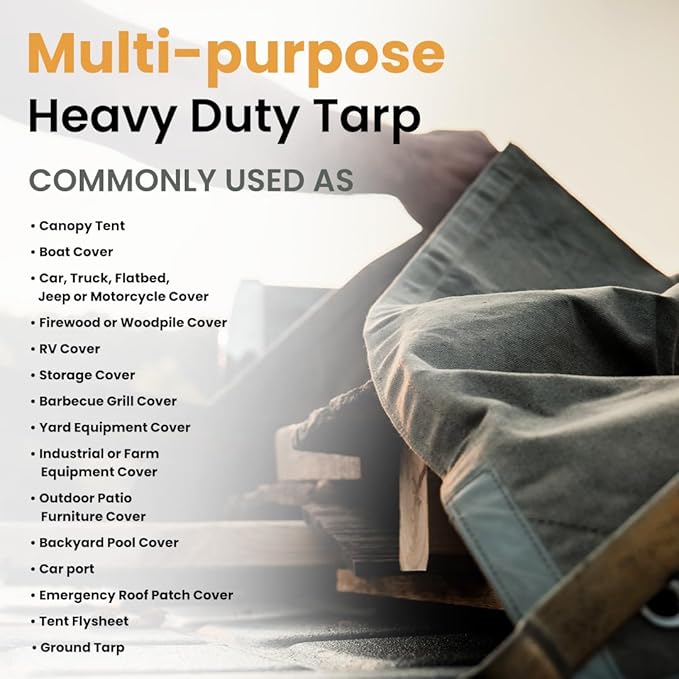 WHITEDUCK Canvas Tarp 18 oz. Heavy Duty Waterproof UV Resistant, Rustproof Grommets, Industrial & Commercial Use Cloth Tarp (Cut Size: 10'x20', Finished Size: 9'6" x19'6", Brown)