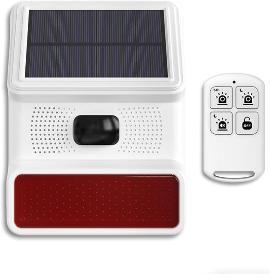 PGST Solar Alarm Motion Sensor,Outdoor Alarm Siren with Flashing Light,IP65 Waterproof,Remote Control,21 Sound Switching Options,120dB Loud Noise Maker for Farm,Yard,Garden,Fish Pond