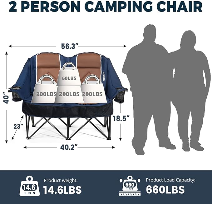 Oversized Double Camping Chair - 2 Person Portable Folding Outdoor Loveseat Heavy Duty Lawn Chairs for Adults with Padded Cushion & Dual Cup Holders, Supports 660LBS for Camping，Sports，Picnic
