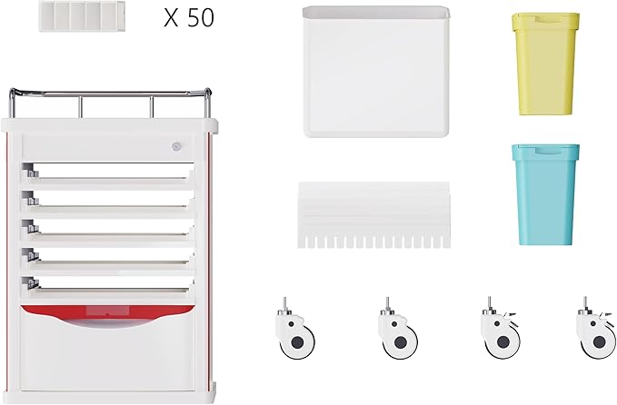 Medication Bins Cart with 200 Bins, 10 Drawers - Dual-Sided Open, 50 Medicine Boxes, Hidden Sub Workbench, Silent Casters, Container, 2 Trash Bin-Medical Crash Cart for Clinic, Hospital and Lab