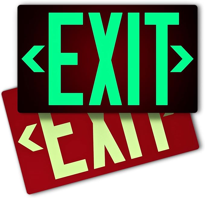 Photoluminescent Exit Sign Aluminum - Adhesive Backing Glow In The Dark - Removable Arrows Included - 12x7 Inches - Non Electrical Red Exit Light For 50 Feet Visibility (2 Pack)